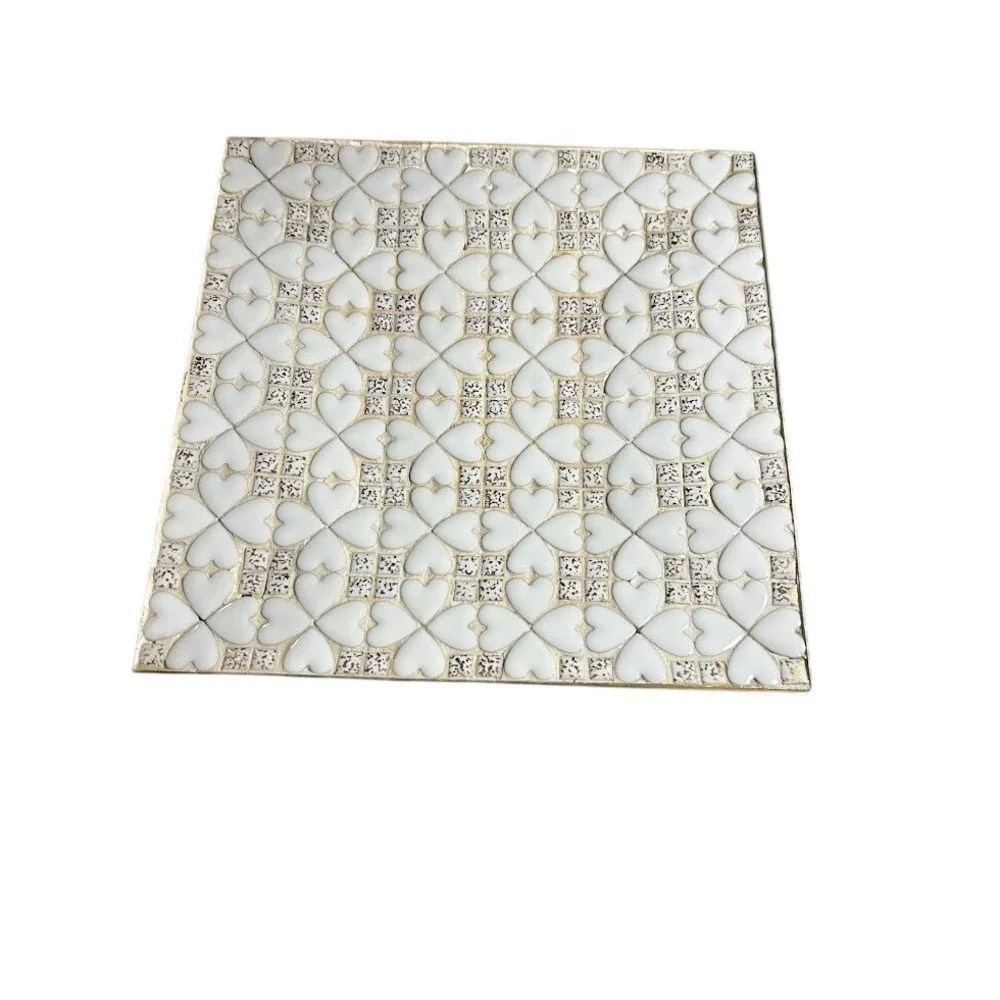 Mid Century Modern Mosaic‎ Heart Tray Gold Trim White Ceramic MCM